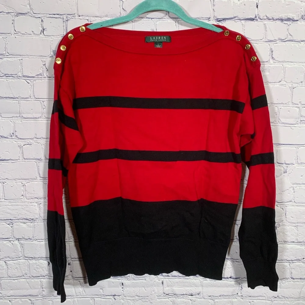 Lauren Ralph Lauren Women Striped Boat Neck Sweater Red Black L Preppy Old Money